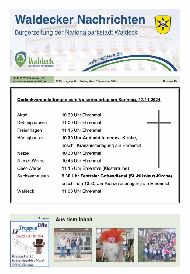 Waldecker Nachrichten Titelblatt 46/2024