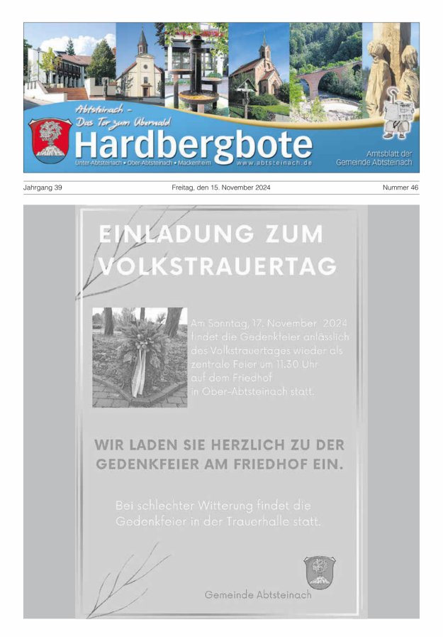 Hardbergbote - Mitteilungsblatt der Gemeinde Abtsteinach Titelblatt 46/2024