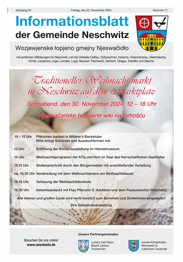 Informationsblatt der Gemeinde Neschwitz mit amtlichen Mitteilungen Titelblatt 11/2024