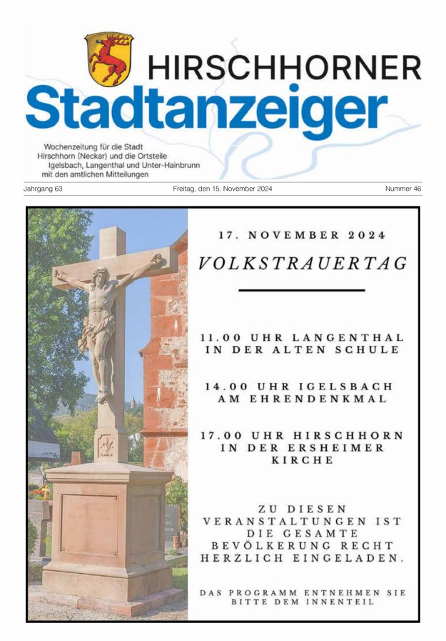 Hirschhorner Stadtanzeiger Titelblatt 46/2024