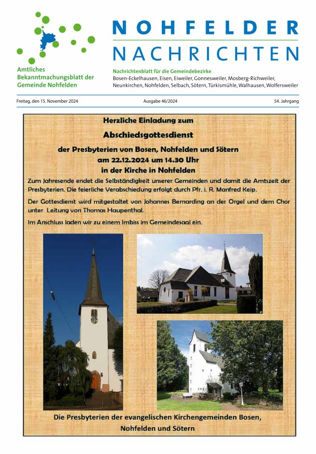 Nohfelder Nachrichten Titelblatt 46/2024