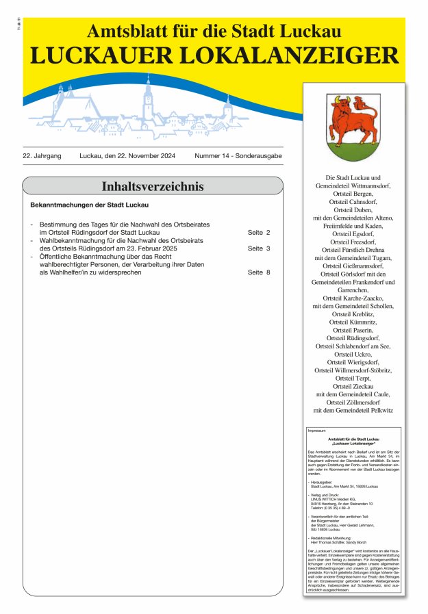 Luckauer Lokalanzeiger (beiliegend Amtsblatt für die Stadt Luckau) Titelblatt 14/2024