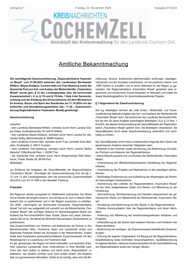 Kreisnachrichten Cochem-Zell Titelblatt 47/2024