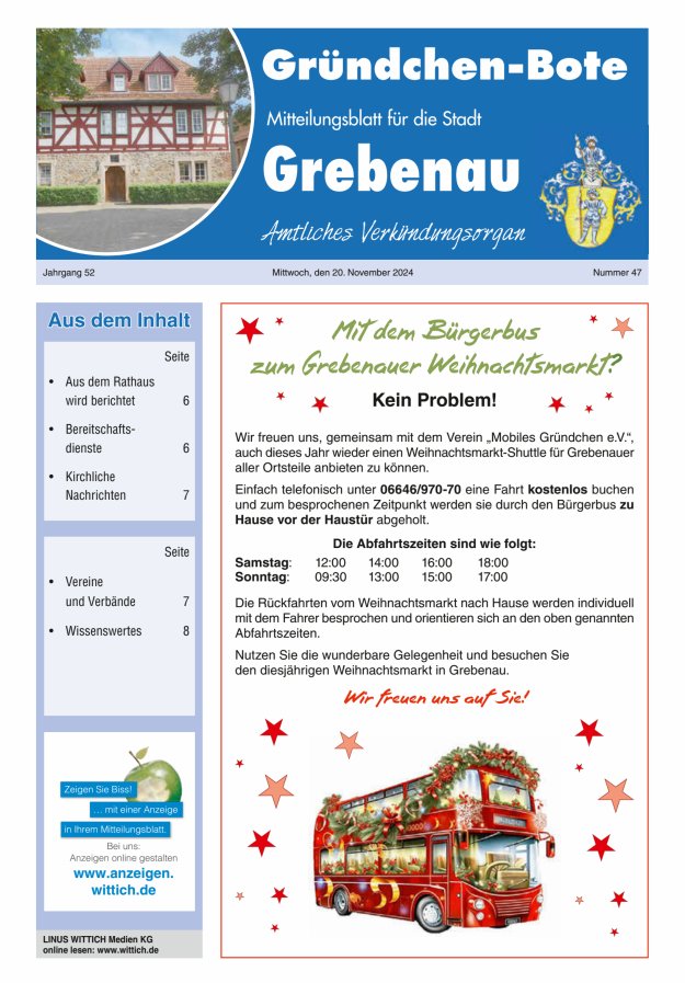 Grebenau - Gründchen Bote - Mitteilungsblatt für die Stadt Grebenau Titelblatt 47/2024