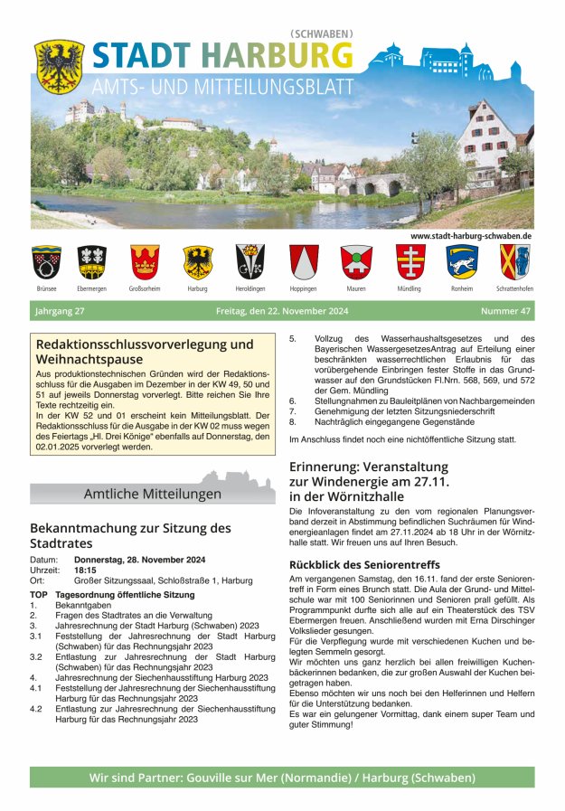 Amts- und Mitteilungsblatt der Stadt Harburg Titelblatt 47/2024