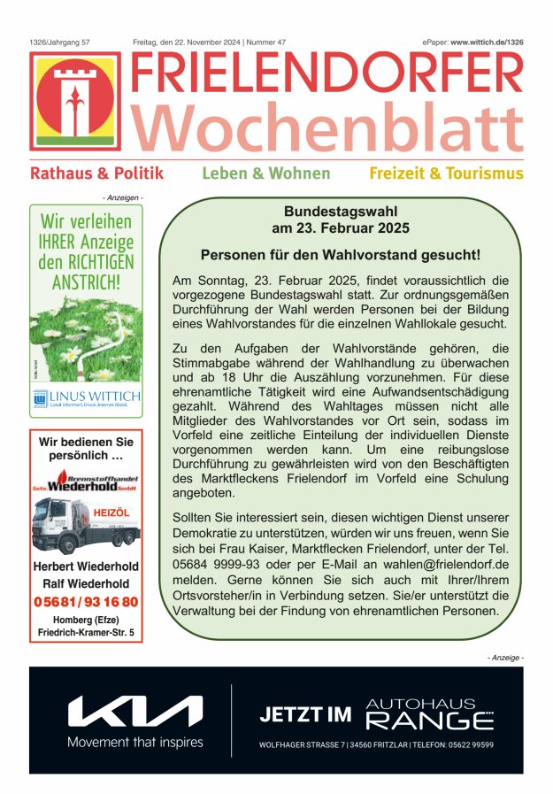 Frielendorfer Wochenblatt Titelblatt 47/2024