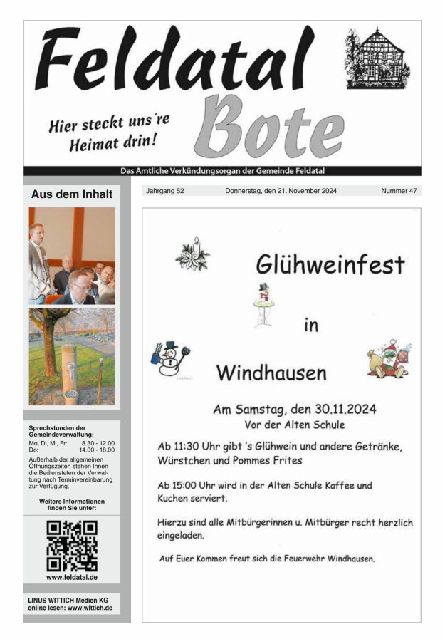 Das Amtliche Verkündungsorgan der Gemeinde Feldatal Titelblatt 47/2024