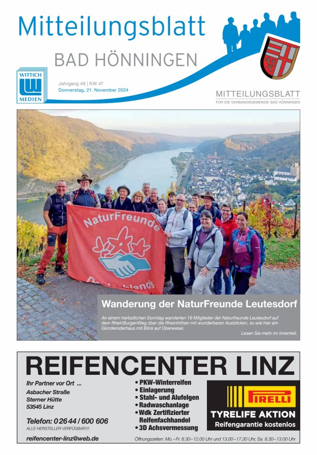 Mitteilungsblatt für den Bereich der Verbandsgemeinde Bad Hönningen Titelblatt 47/2024