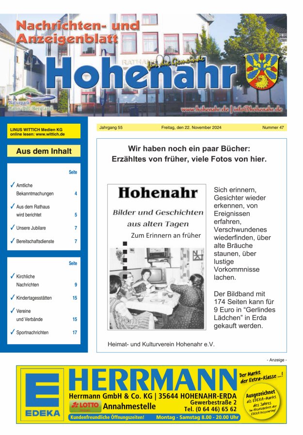 Nachrichten- und Anzeigenblatt für die Gemeinde Hohenahr Titelblatt 47/2024