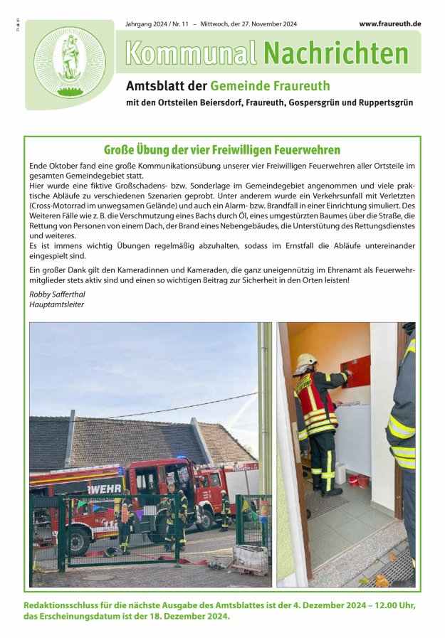 Kommunal-Nachrichten der Gemeinde Fraureuth Titelblatt 11/2024