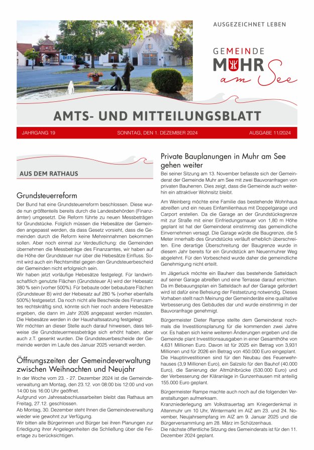 Muhrer Heimatbrief Amts- u Mitteilungsblatt der Gemeinde Muhr a See Titelblatt 11/2024