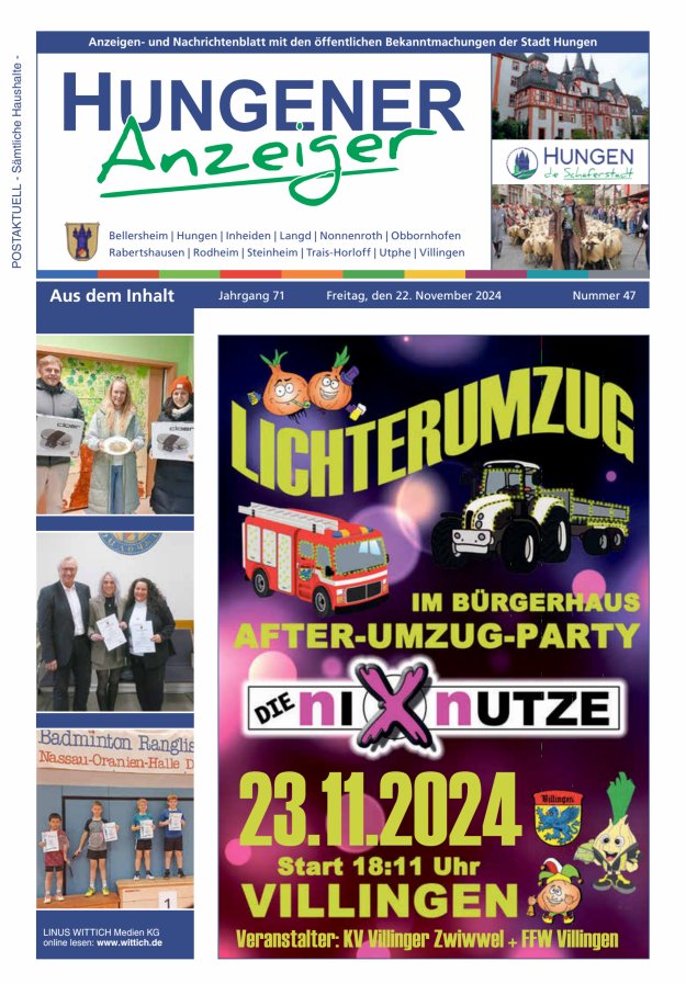 Anzeigen- und Nachrichtenblatt mit den öff  Bekanntmachungen der Stadt Hungen Titelblatt 47/2024