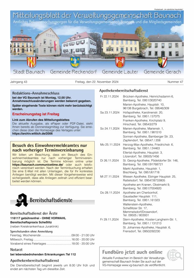 Mitteilungsblatt Verwaltungsgemeinschaft Baunach Titelblatt 47/2024