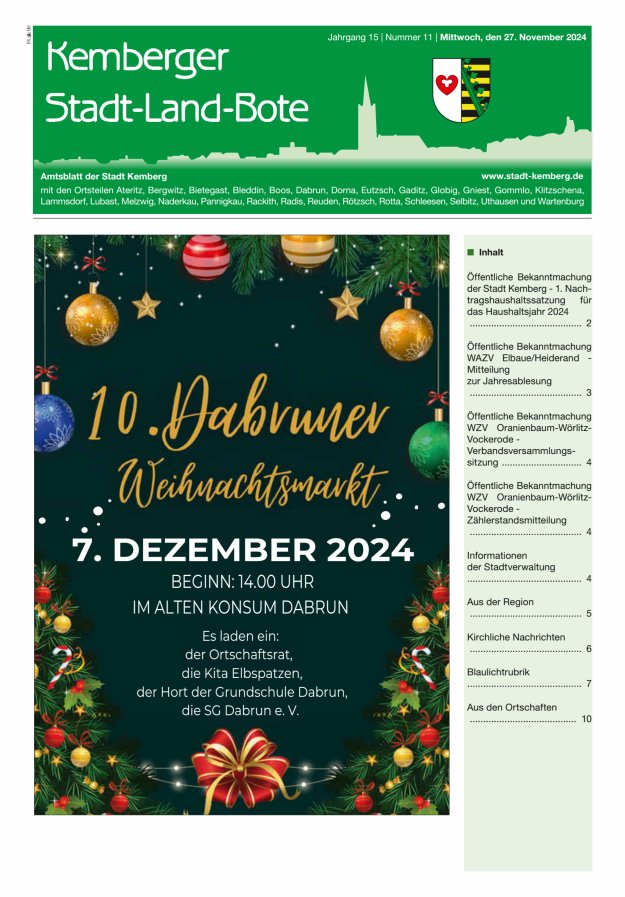 Kemberger Stadt-Land-Bote Amtsblatt der Stadt Kemberg Titelblatt 11/2024