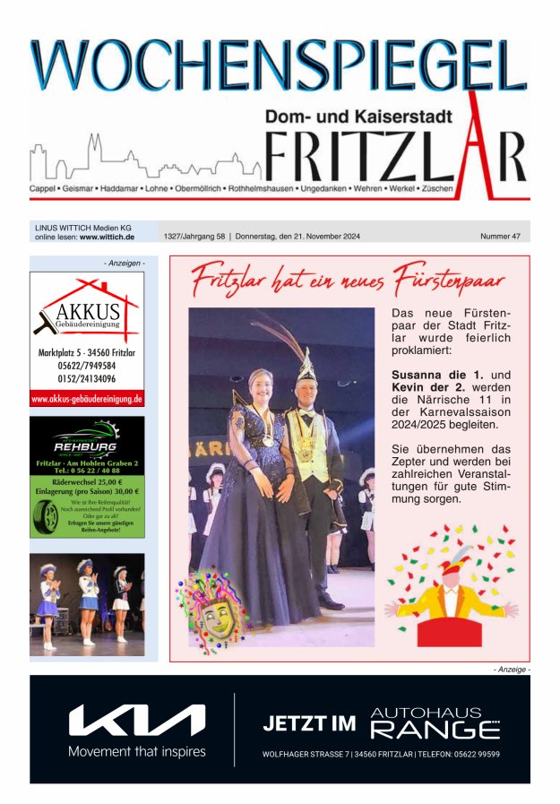Wochenspiegel Dom- und Kaiserstadt Fritzlar Titelblatt 47/2024