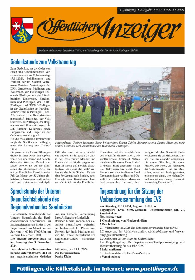 Öffentlicher Anzeiger - Stadt Püttlingen Titelblatt 47/2024