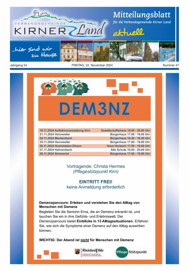 Mitteilungsblatt für den Bereich der Verbandsgemeinde Kirner Land Titelblatt 47/2024