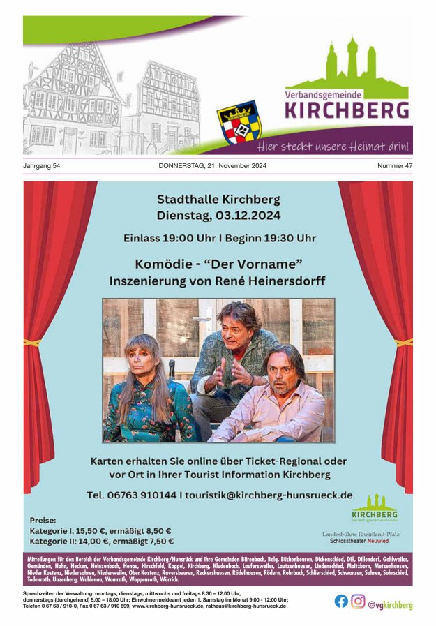 Mitteilungen der Verbandsgemeinde Kirchberg Hunsrück Titelblatt 47/2024
