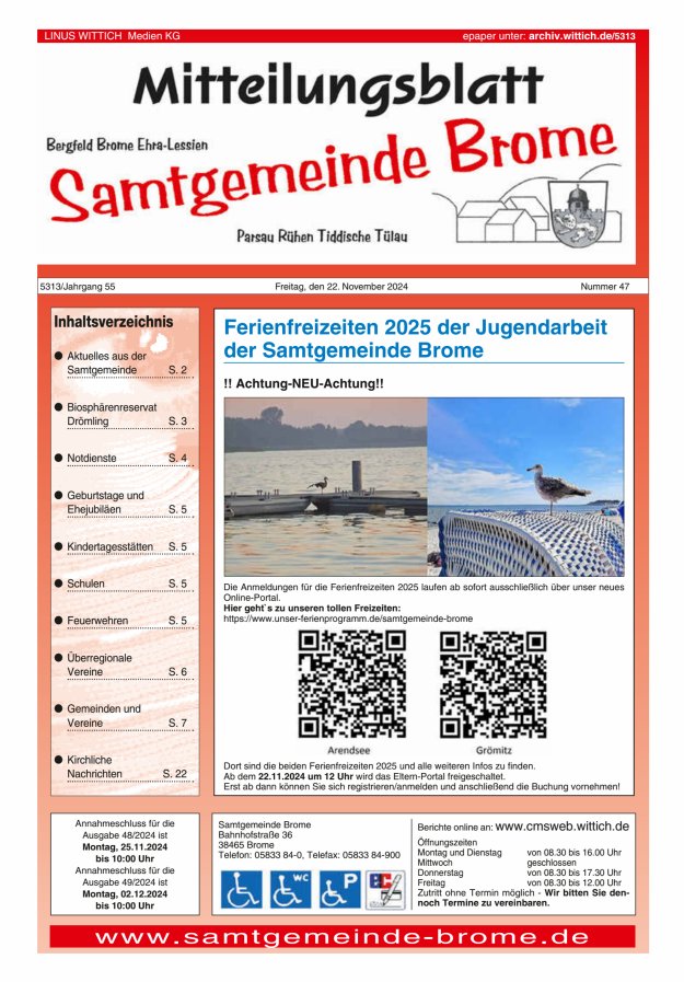 Mitteilungsblatt der Samtgemeinde Brome Titelblatt 47/2024
