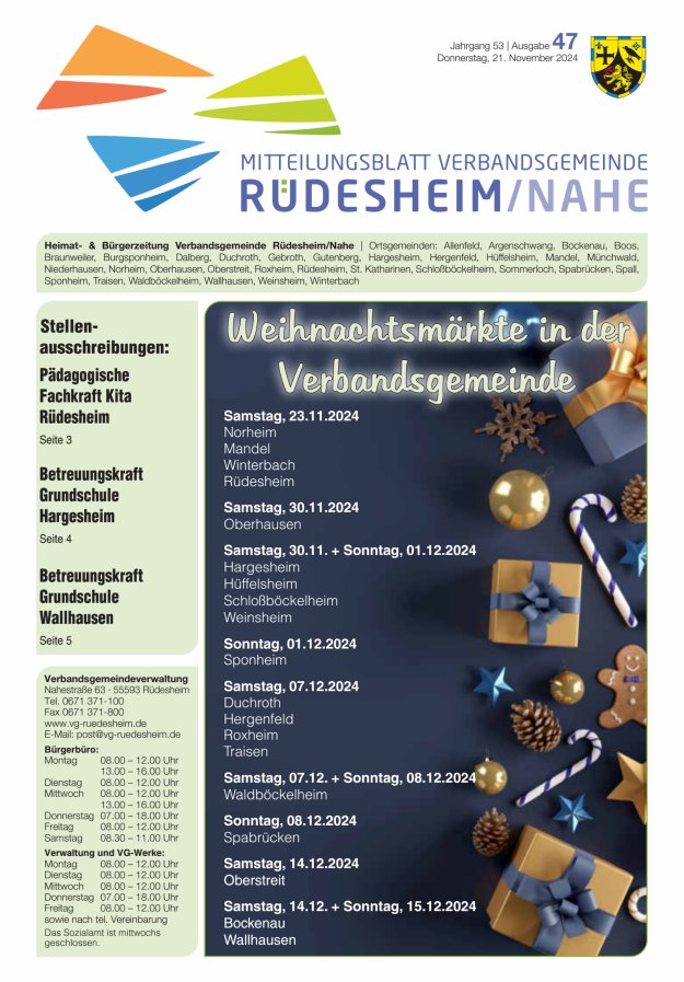 Mitteilungsblatt Verbandsgemeinde Rüdesheim und zugehörige Ortsgemeinden Titelblatt 47/2024