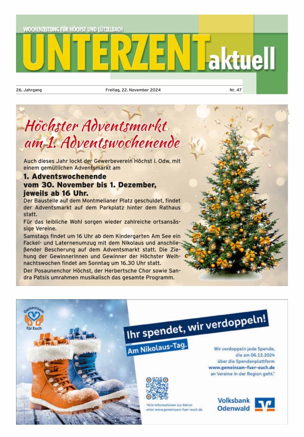 Unterzent aktuell Wochenzeitung für Höchst und Lützelbach Titelblatt 47/2024