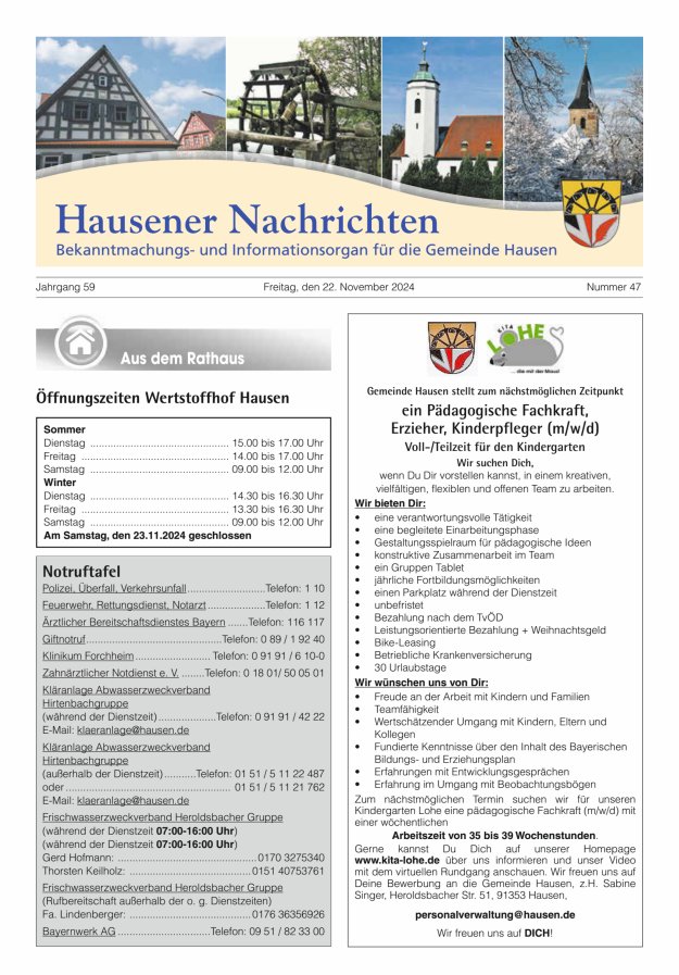 Hausener Nachrichten Titelblatt 47/2024