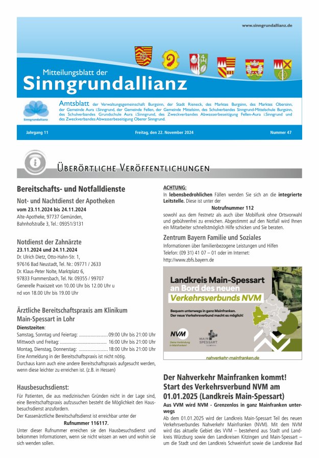 Mitteilungsblatt der Sinngrundallianz Titelblatt 47/2024