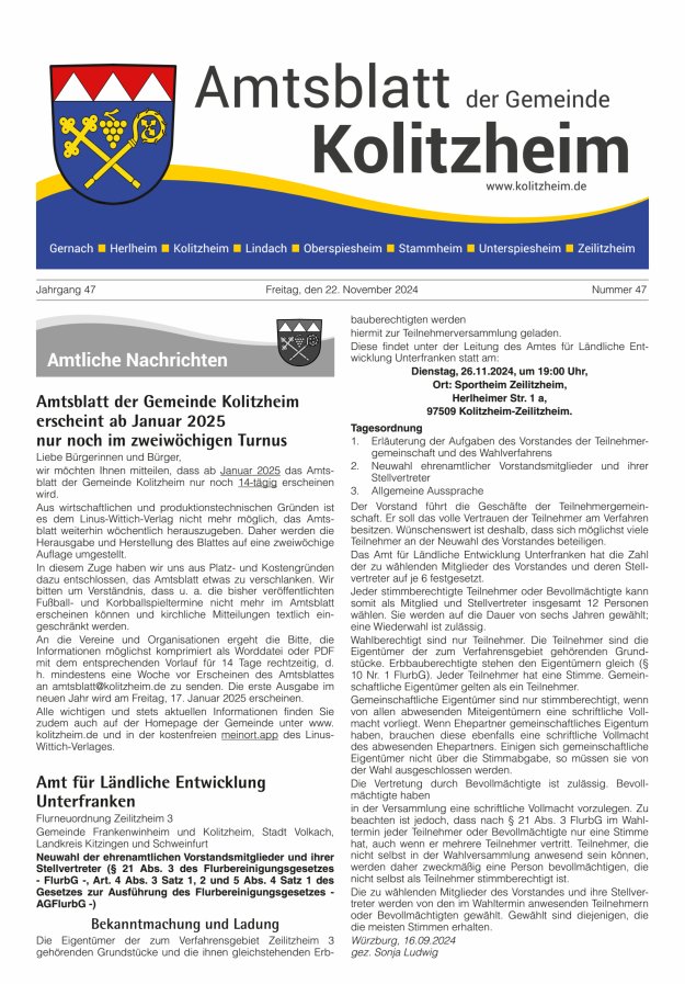 Amtsblatt der Gemeinde Kolitzheim Titelblatt 47/2024
