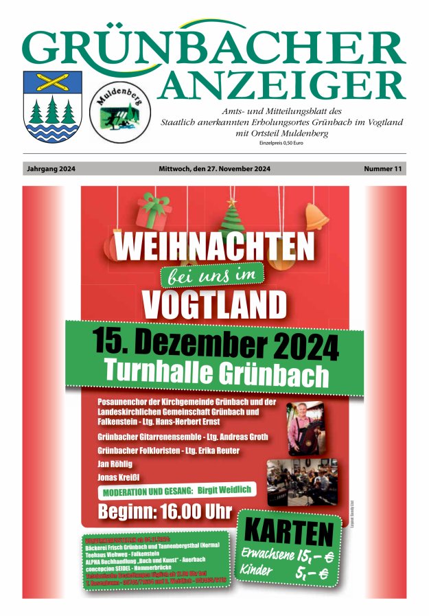 Grünbacher Anzeiger - Amts- und Mitteilungsblatt Titelblatt 11/2024