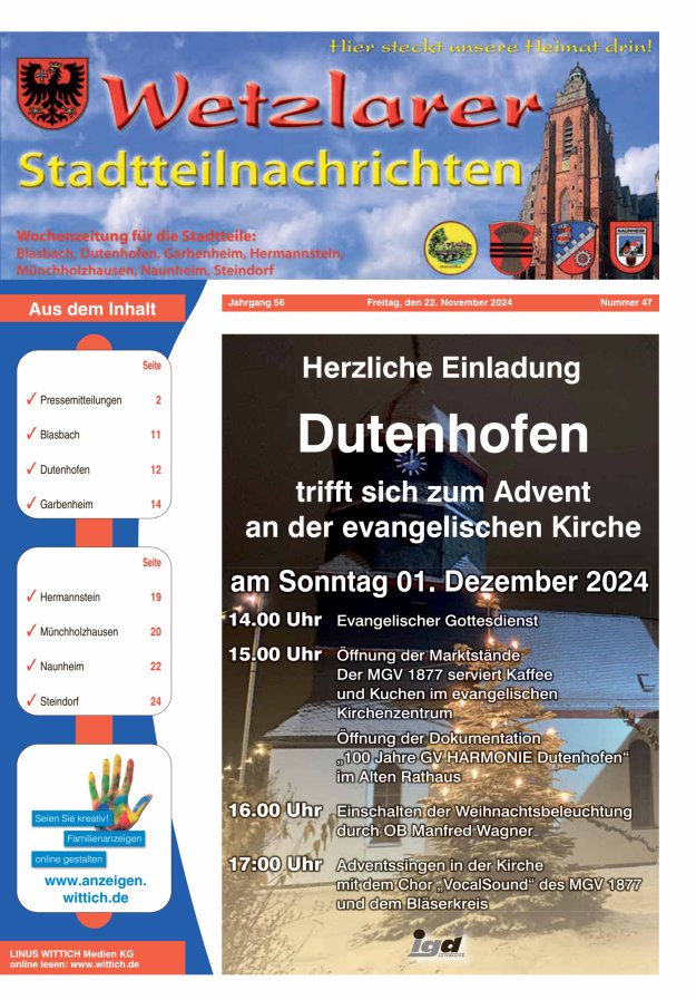 Wetzlarer Stadtteilnachrichten Titelblatt 47/2024