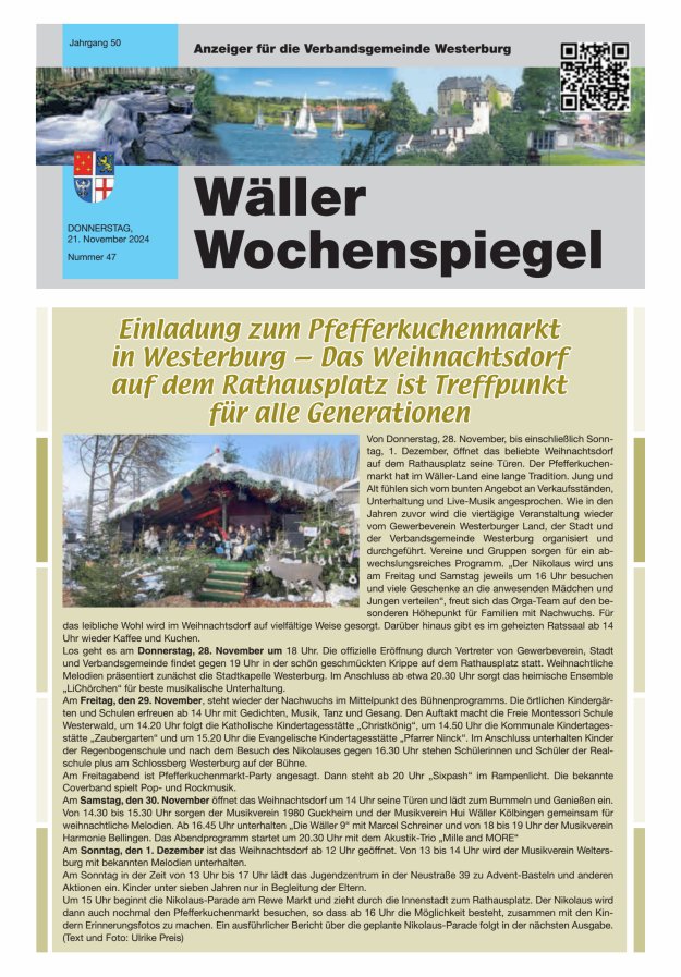 Wäller Wochenspiegel - Anzeiger für die Verbandsgemeinde Westerburg Titelblatt 47/2024