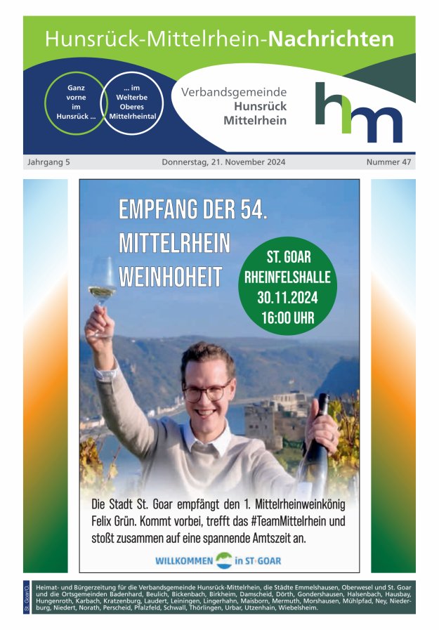 Hunsrück-Mittelrhein Nachrichten Ausgabe St Goar Oberwesel Titelblatt 47/2024