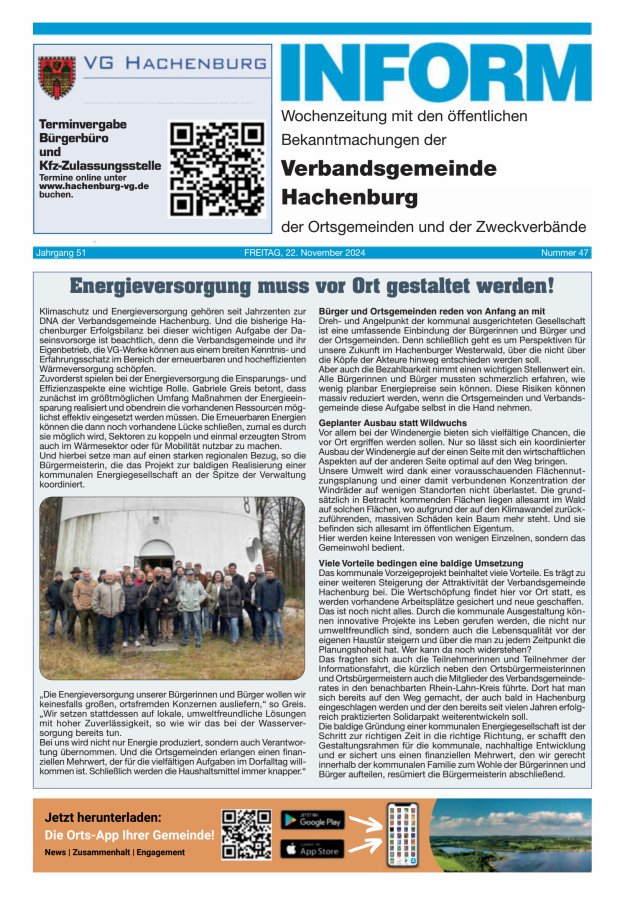 INFORM - Wochenzeitung der Verbandsgemeinde Hachenburg Titelblatt 47/2024