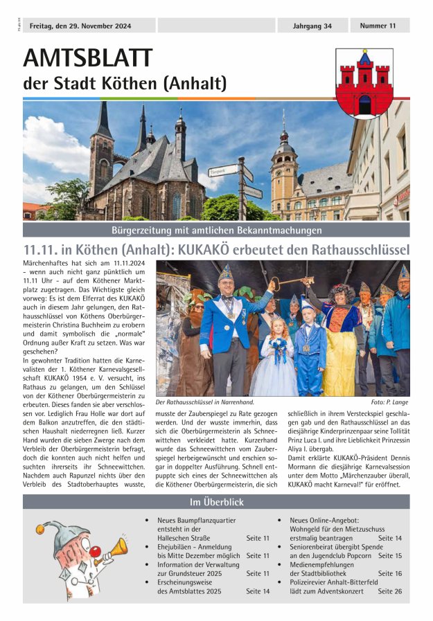 Amtsblatt der Stadt Köthen (Anhalt) – Bürgerzeitung mit amtlichen Bekanntmachungen Titelblatt 11/2024