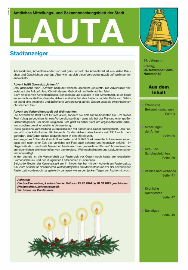Amtliches Mitteilungs- und Bekanntmachungsblatt der Stadt Lauta - Stadtanzeiger Titelblatt 12/2024