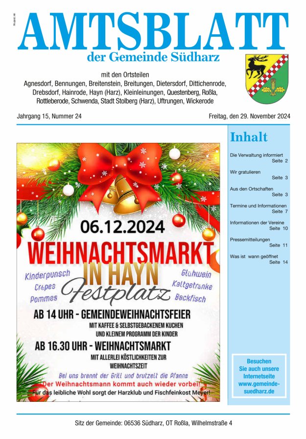 Amtsblatt der Gemeinde Südharz Titelblatt 24/2024