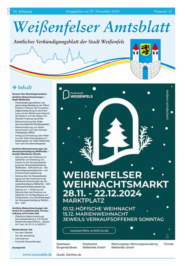 Weißenfelser Amtsblatt – Amtliches Verkündungsblatt der Stadt Weißenfels Titelblatt 12/2024