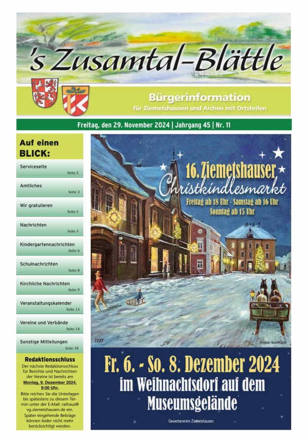 's Zusamtal-Blättle Bürgerinformationen für Ziemetshausen und Aichen mit OTen Titelblatt 11/2024