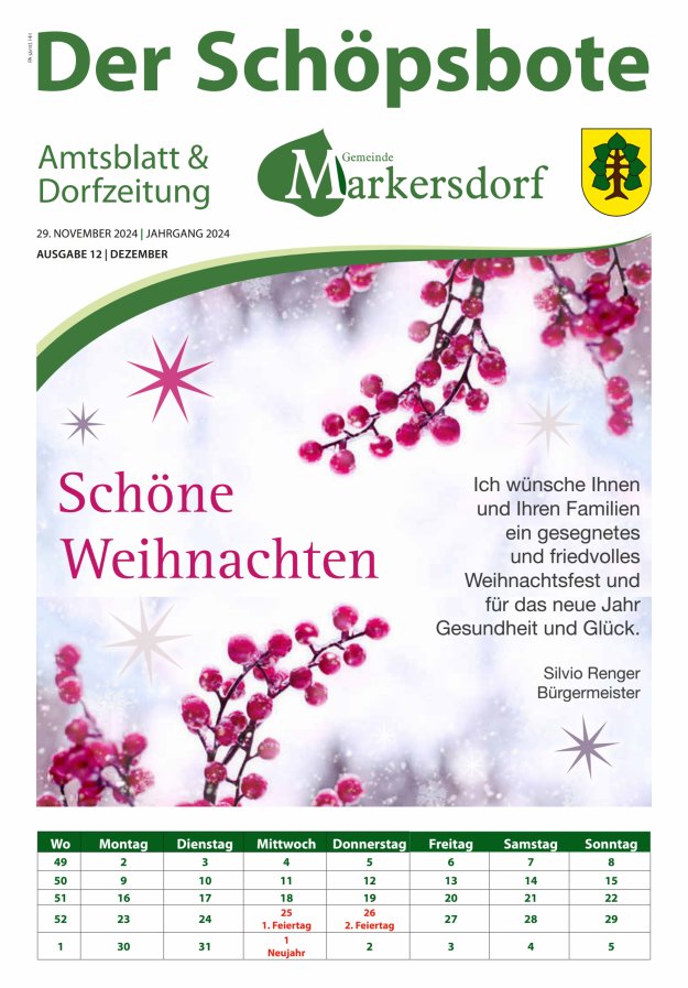 Amtsblatt und Dorfzeitung der Gemeinde Markersdorf Titelblatt 12/2024