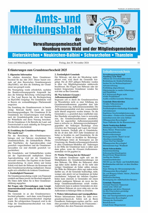 Amts- u Mitteilungsblatt der VG Neunburg vorm Wald u d Mitgliedsgemeinden Titelblatt 11/2024