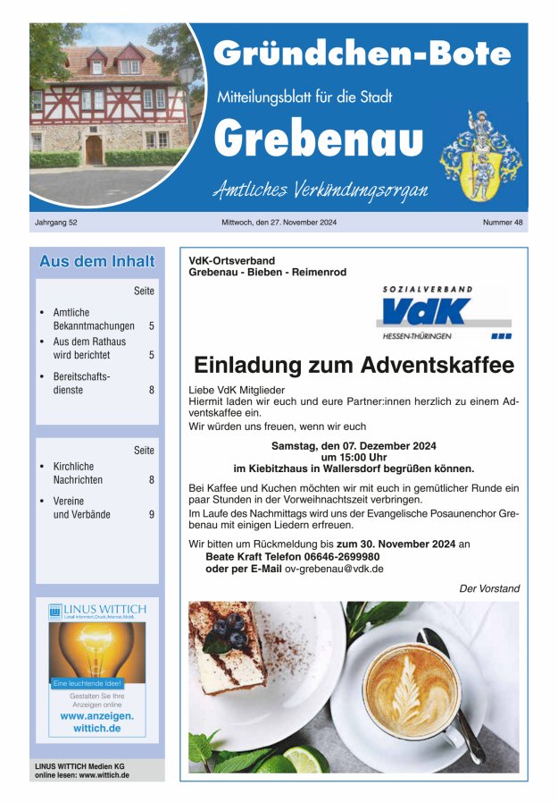 Grebenau - Gründchen Bote - Mitteilungsblatt für die Stadt Grebenau Titelblatt 48/2024