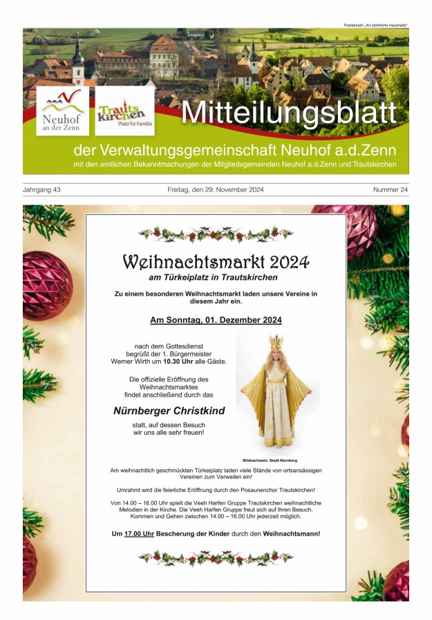 Mitteilungsblatt der Verwaltungsgemeinschaft Neuhof an der Zenn mit den amtlichen Bekanntmachungen der Mitgliedsgemeinden Neuhof an der Zenn und Trautskirchen Titelblatt 24/2024