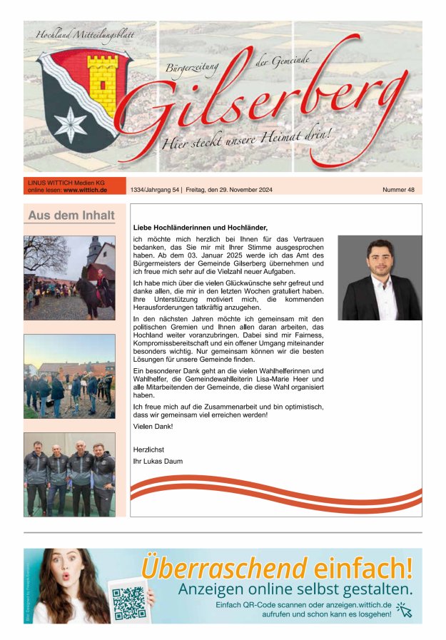 Hochland Mitteilungsblatt Gilserberg Titelblatt 48/2024