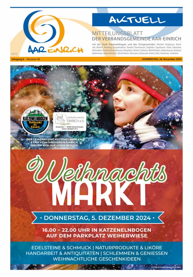 Mitteilungsblatt der Verbandsgemeinde Aar-Einrich Ausgabe Katzenelnbogen Titelblatt 48/2024