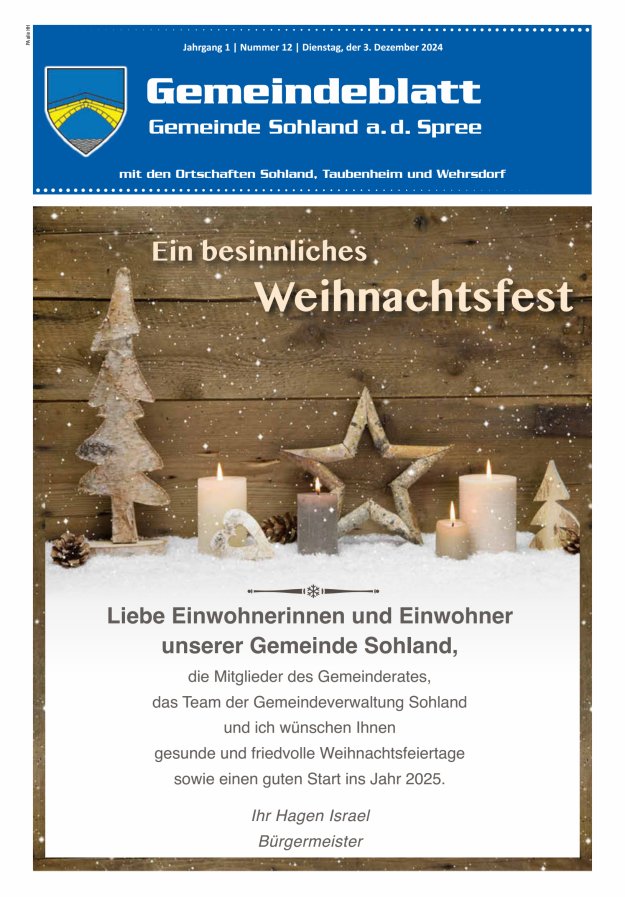 Amtsblatt der Gemeinde Sohland a. d. Spree mit den Ortschaften Sohland, Taubenheim und Wehrsdorf Titelblatt 12/2024