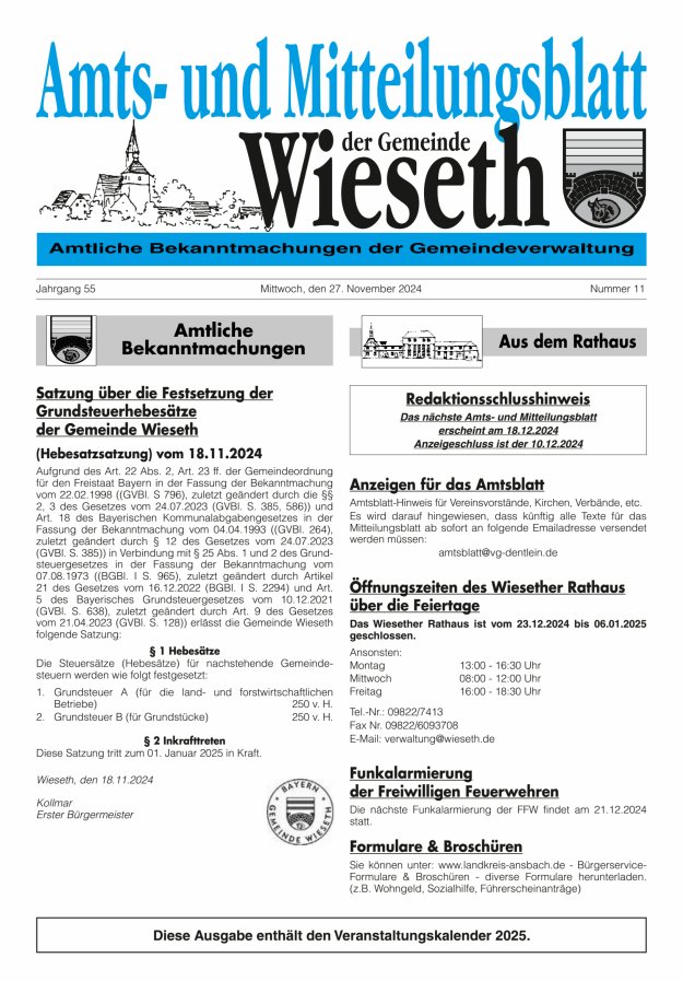 Amts- und Mitteilungsblatt der Gemeinde Wieseth Titelblatt 11/2024
