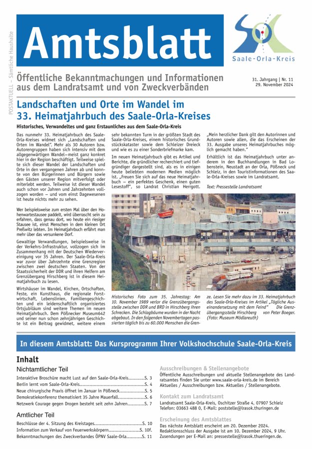Amtsblatt des Saale-Orla-Kreises Titelblatt 11/2024