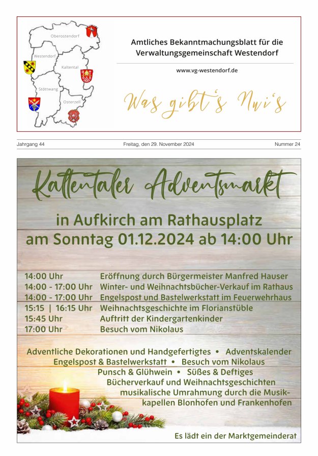 Was gibt's Nui's Amtliches Bekanntmachungsblatt für die VG Westendorf Titelblatt 24/2024
