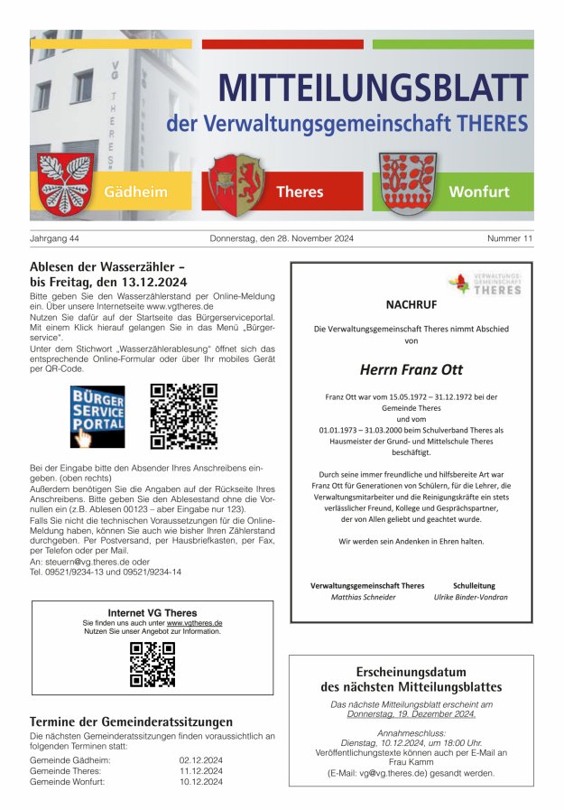 Mitteilungsblatt der Verwaltungsgemeinschaft Theres Titelblatt 11/2024
