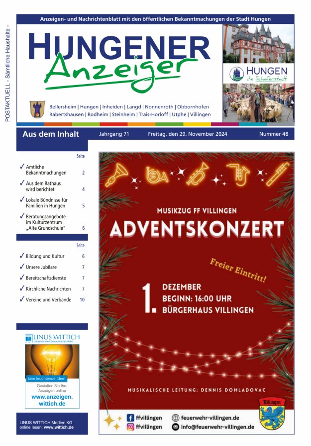 Anzeigen- und Nachrichtenblatt mit den öff  Bekanntmachungen der Stadt Hungen Titelblatt 48/2024